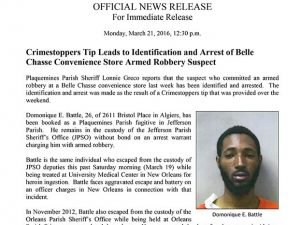 Tip Leads to Identification and Arrest of Belle Chasse Convenience Store Armed Robbery Suspect Photo