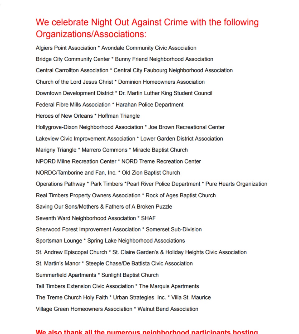 We celebrate Night Out Against Crime with the following Organizations/Associations