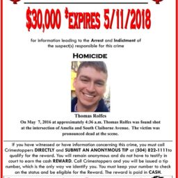 Reward for the arrest of suspect on Thomas Rolfes’s homicide