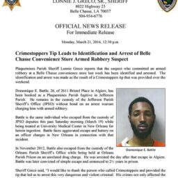 Tip Leads to Identification and Arrest of Belle Chasse Convenience Store Armed Robbery Suspect